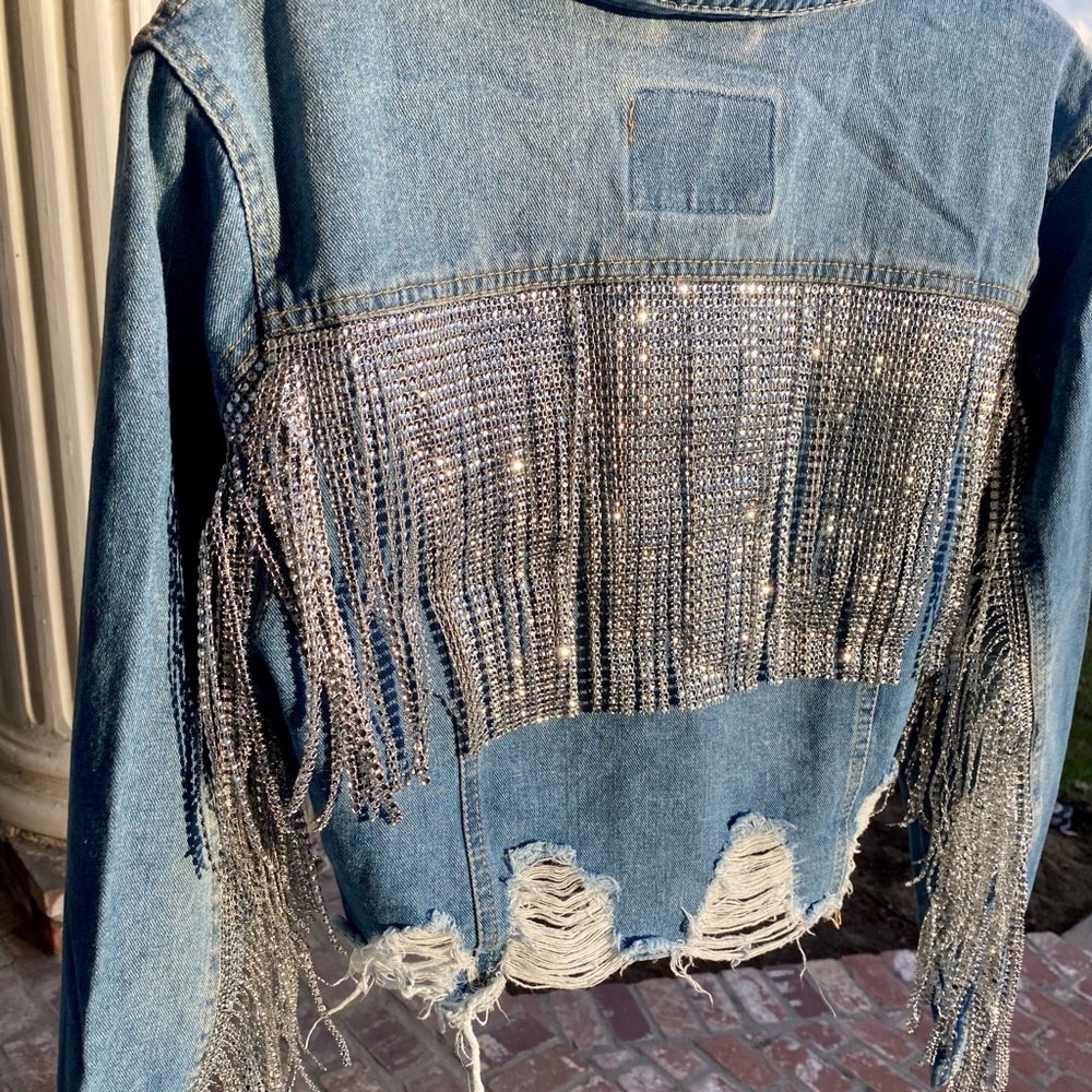 Custom Rhinestone Denim Fringe Jacket - Picture 2 of 5